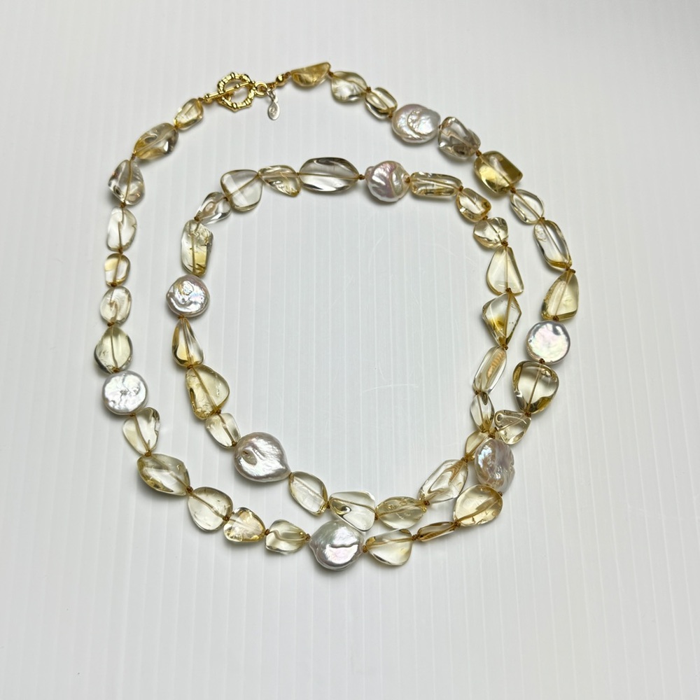 Citrine Coin Pearl Hand Knotted Necklace with Gold Tone Toggle Clasp